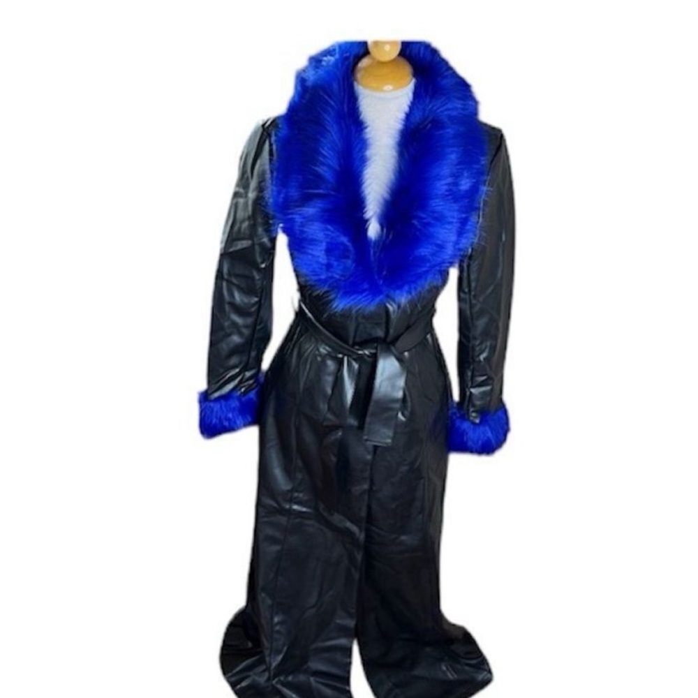 Black and Blue Faux Fur Trimmed Women's Coat